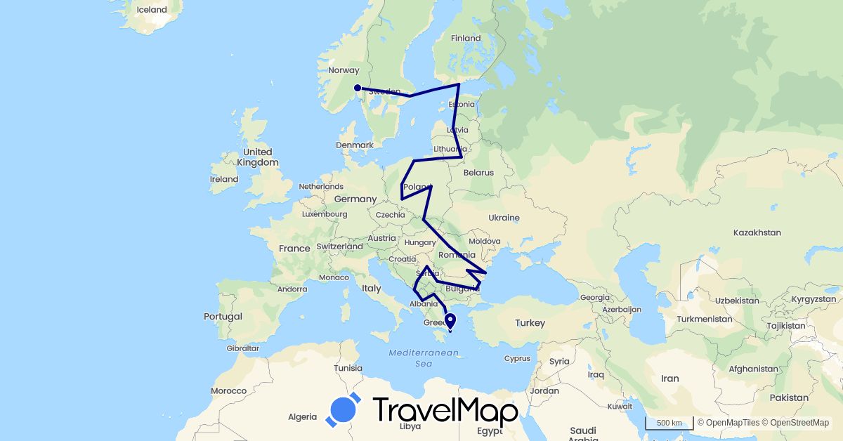 TravelMap itinerary: driving in Albania, Bulgaria, Estonia, Finland, Greece, Lithuania, Latvia, Montenegro, Macedonia, Norway, Poland, Romania, Serbia, Sweden (Europe)
